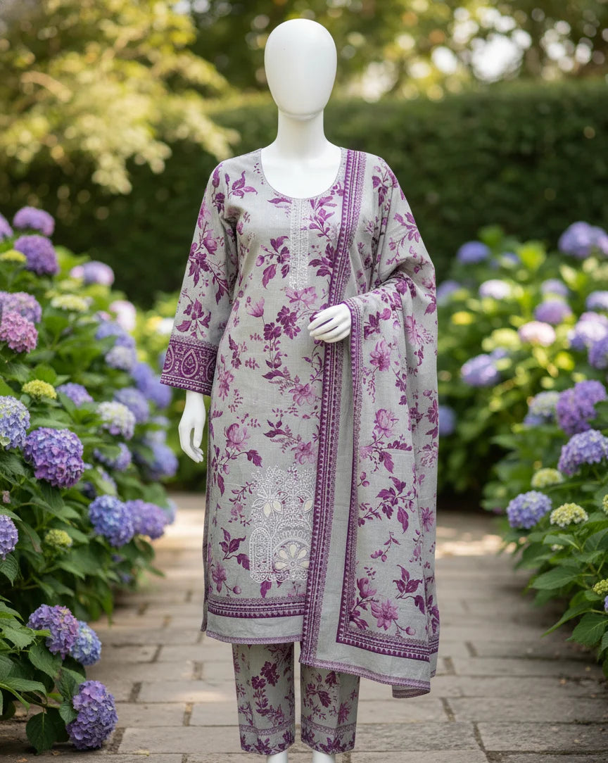 Mannequin wearing a floral outfit with a purple border in a garden setting