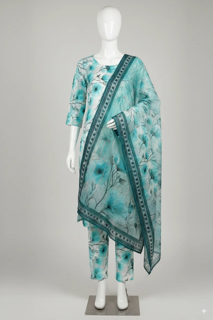 Teal floral viscose linen 3 piece unstitched women’s suit from Zaraib Winter Collection, premium Pakistani clothing